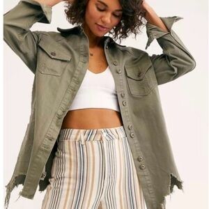 Free People Olive Moonchild Distressed Denim Jacket